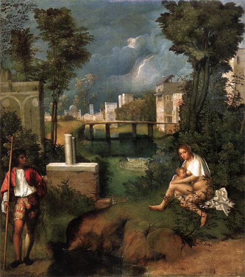 Giorgione-The Tempest, some times referred to as the first landscape in the history of Western painting.