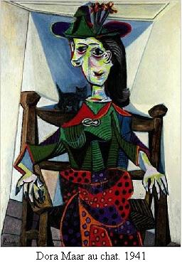 Dora Maar Au Chat. The painting depicts his mistress Dora Maar seated in a chair with a small cat perched behind her shoulder
