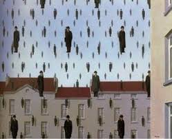 Rene Magritte, Golconda, bowler-hatted men in raincoats floating weightlessly in a blue sky in front of houses